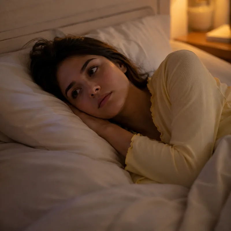 Mulher deitada à noite sem conseguir dormir