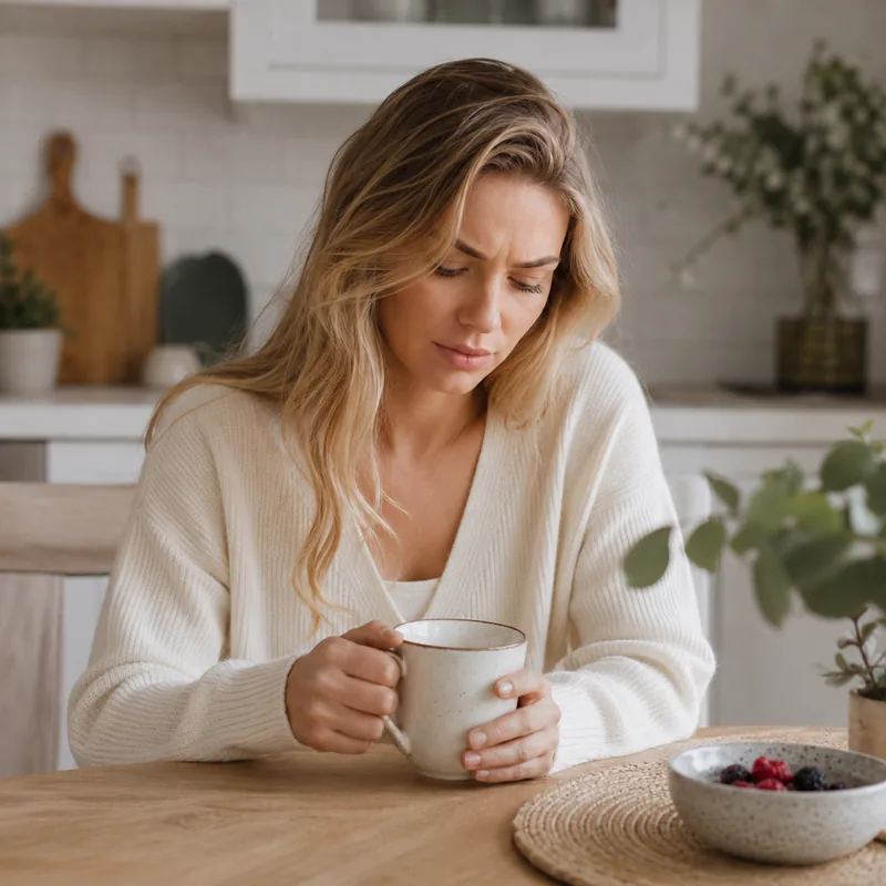 Mulher tomando café na cozinha